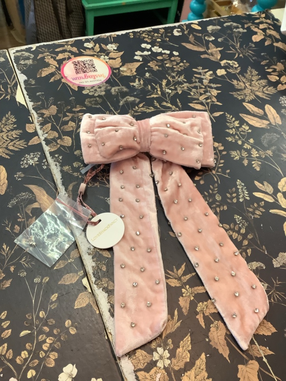 LoveShackFancy Blush Pink Velvet Bow Tie with Beaded Accents